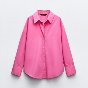 ZARA Fuchsia Pink 100% Cotton Basic Poplin Button Down Shirt Size Small